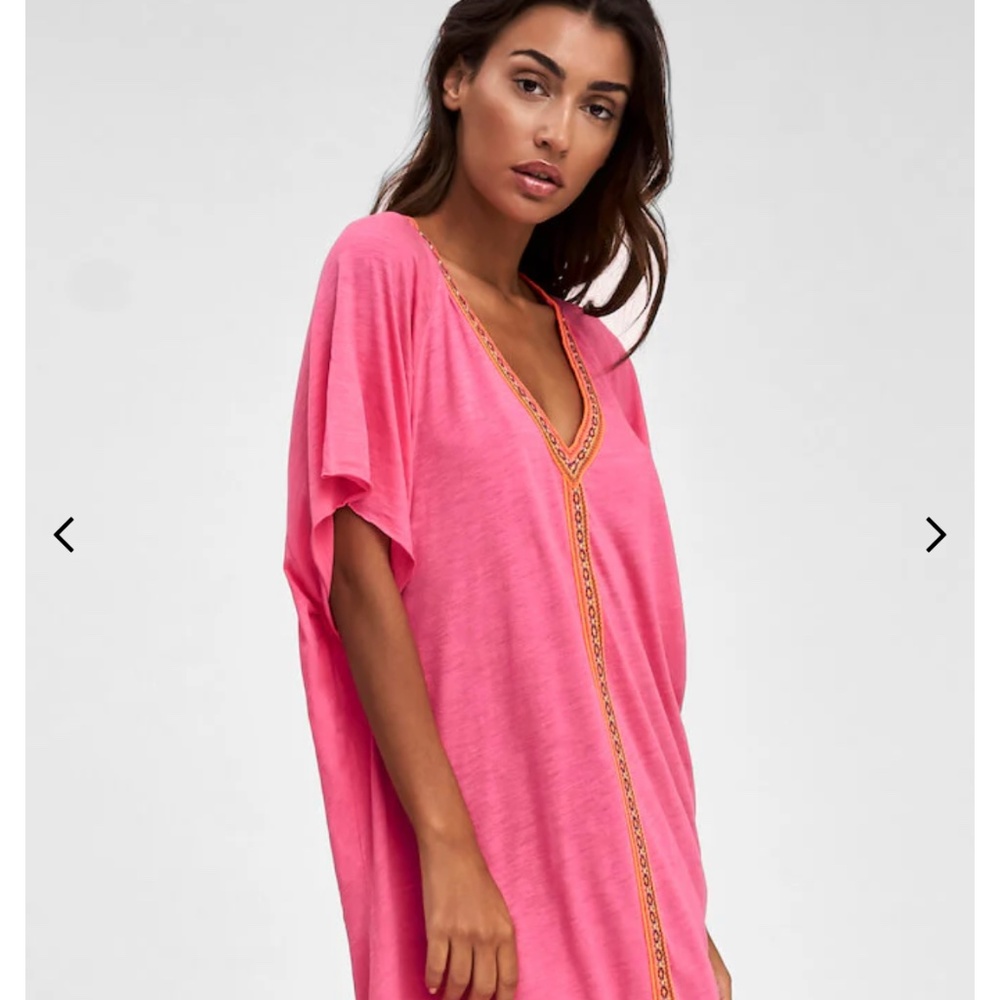 Pitusa Pink V-Neck Swim Cover-Up with Embroidered Trim